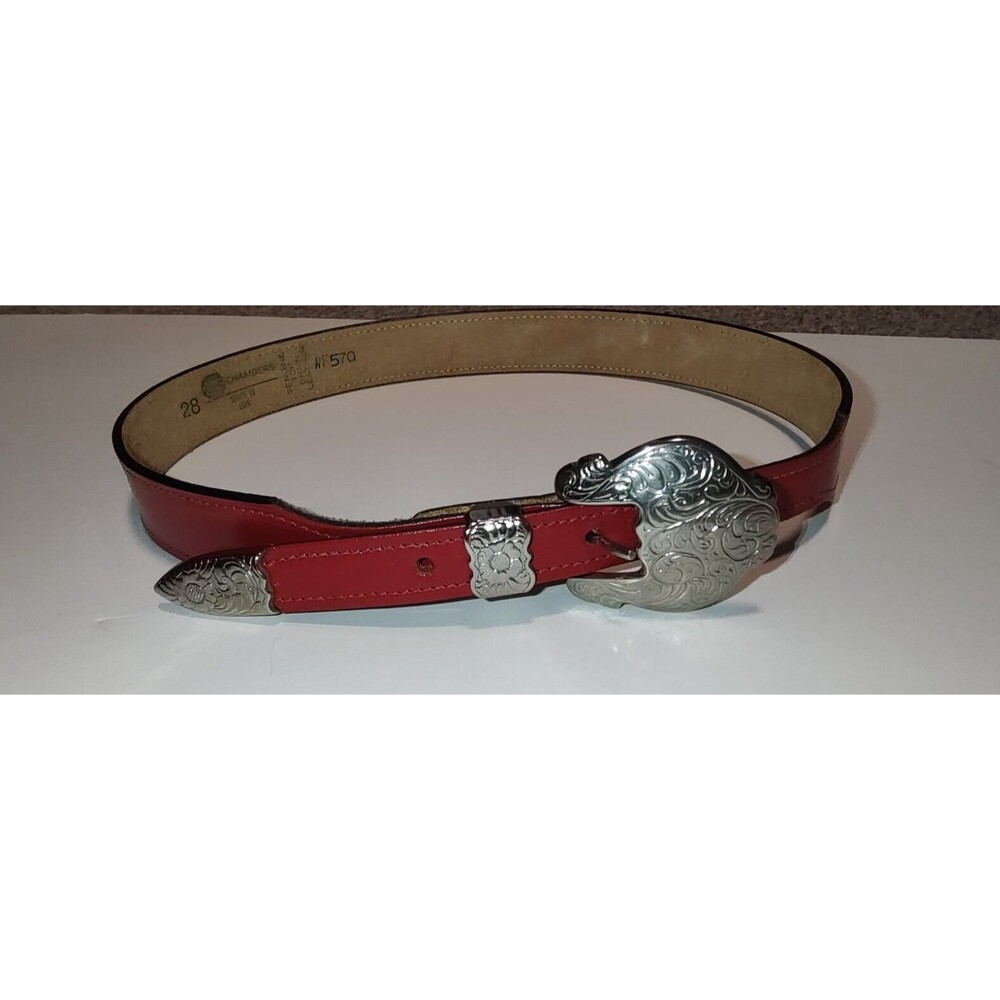 Vintage Chambers red leather belt removable silver buckle size 28 WF570